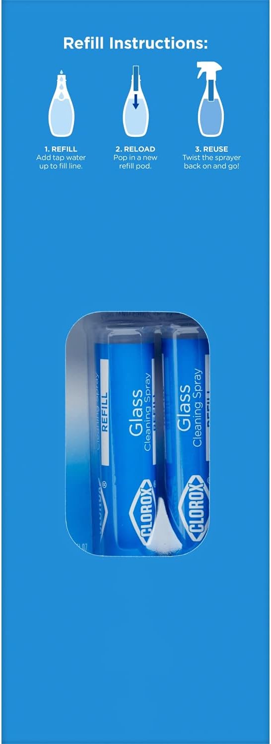 Clorox Glass Cleaner Cleaning System with one Reusable Bottle Plus 2 Refill Cartridges, Household Essentials, 3 Piece Set