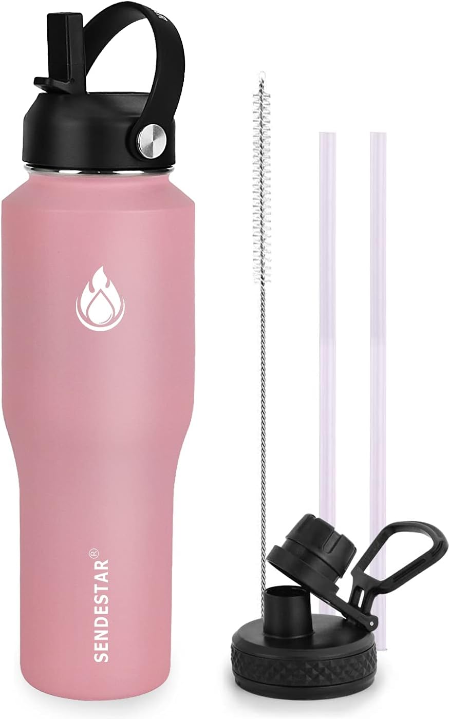 SENDESTAR – Botella de agua de 0,9 L, 2 tapas (tapa con pajita), boca ancha de acero inoxidable aislada al vacío, doble pared, mantiene los líquidos