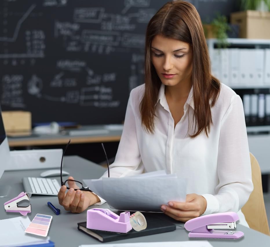 Suministros de oficina morados, suministros y accesorios de oficina morados, juego de grapadora púrpura y dispensador de cinta para mujeres,