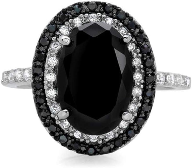 925 Sterling Silver Shiny Full Diamond Ring Oval Cut Black Onyx Marcasite White Cubic Zirconia Rings CZ Cocktail Rings Eternity Engagement Wedding