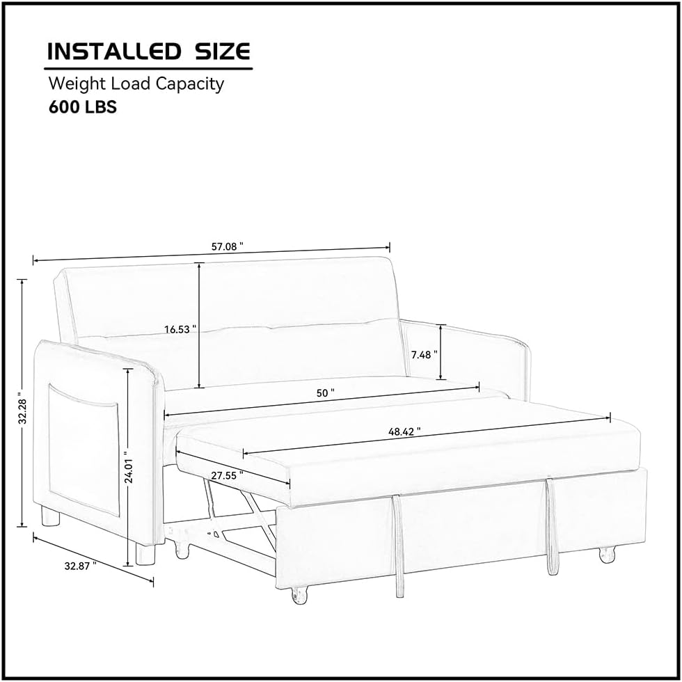 P PURLOVE Sofá biplaza convertible moderno de 57 pulgadas, respaldo ajustable, sofá de 2 plazas con cama extraíble con bolsillo lateral, 2 almohadas