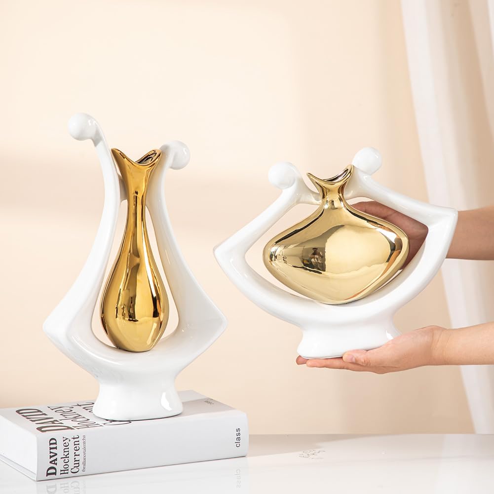 Anding Jarrón de cerámica blanco y dorado, jarrón moderno de decoración del hogar, jarrón de hierba de pampas, adecuado para centro de mesa,