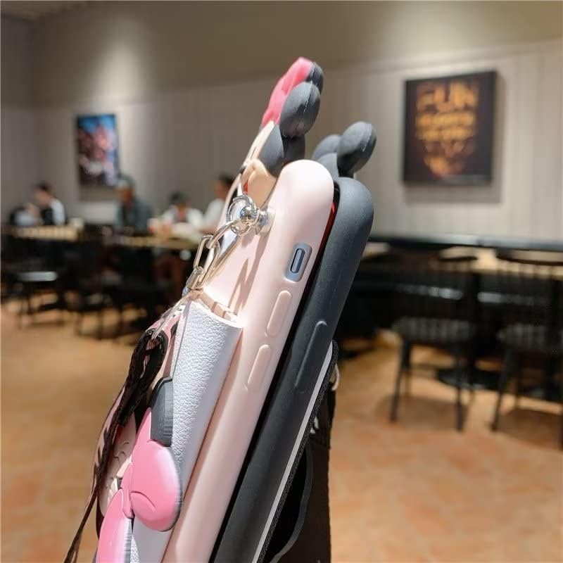 Funda para iPhone 15 Pro Max, diseño de cachorro Minnie Mouse con bonito soporte para tarjetas de dibujos animados, cuerda oblicua de TPU suave,