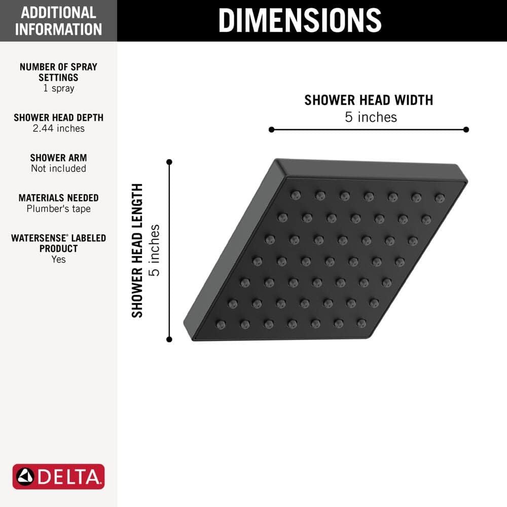 Delta Faucet Moderno cabezal de ducha de un solo rociador de 5 pulgadas, cabezal de ducha cuadrado negro, cabezal de ducha de alta presión, caudal