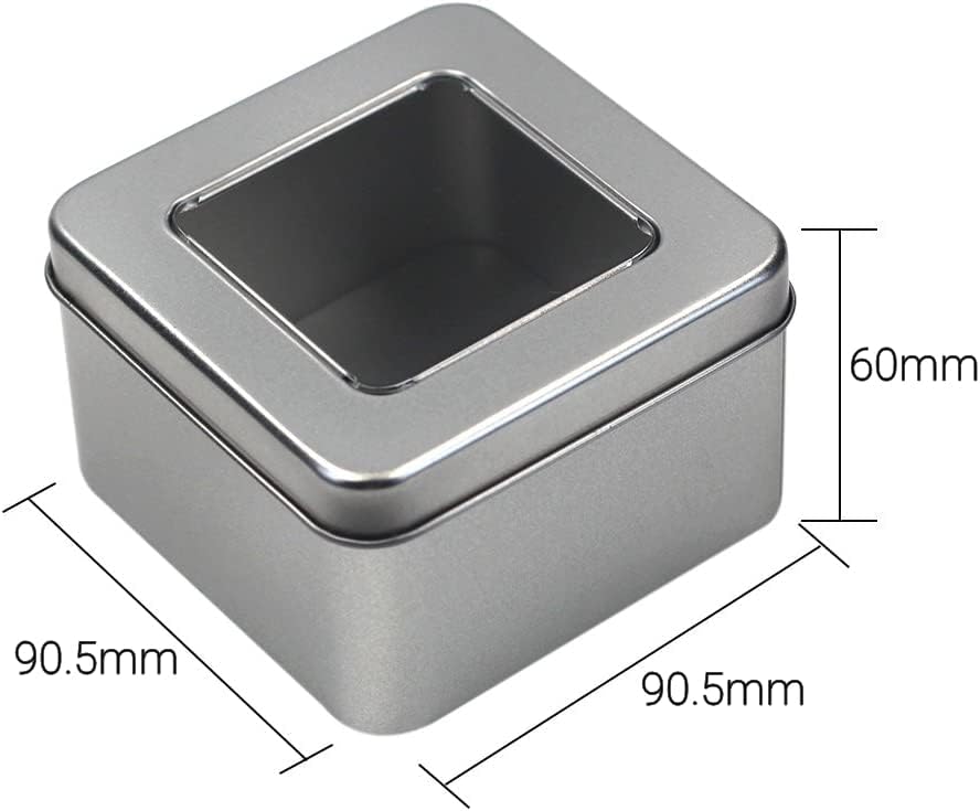 Paquete de 6 cajas de metal cuadradas rectangulares de 8 onzas con tapas grandes transparentes para ventana, 3.6 x 3.6 pulgadas de base x 2.4