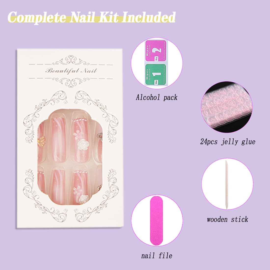 Kawaii – Uñas postizas largas a presión cuadradas rosadas, uñas postizas con dulces dulces y dulces con corazón 3D, oso, lazo, perla, flores, diseño