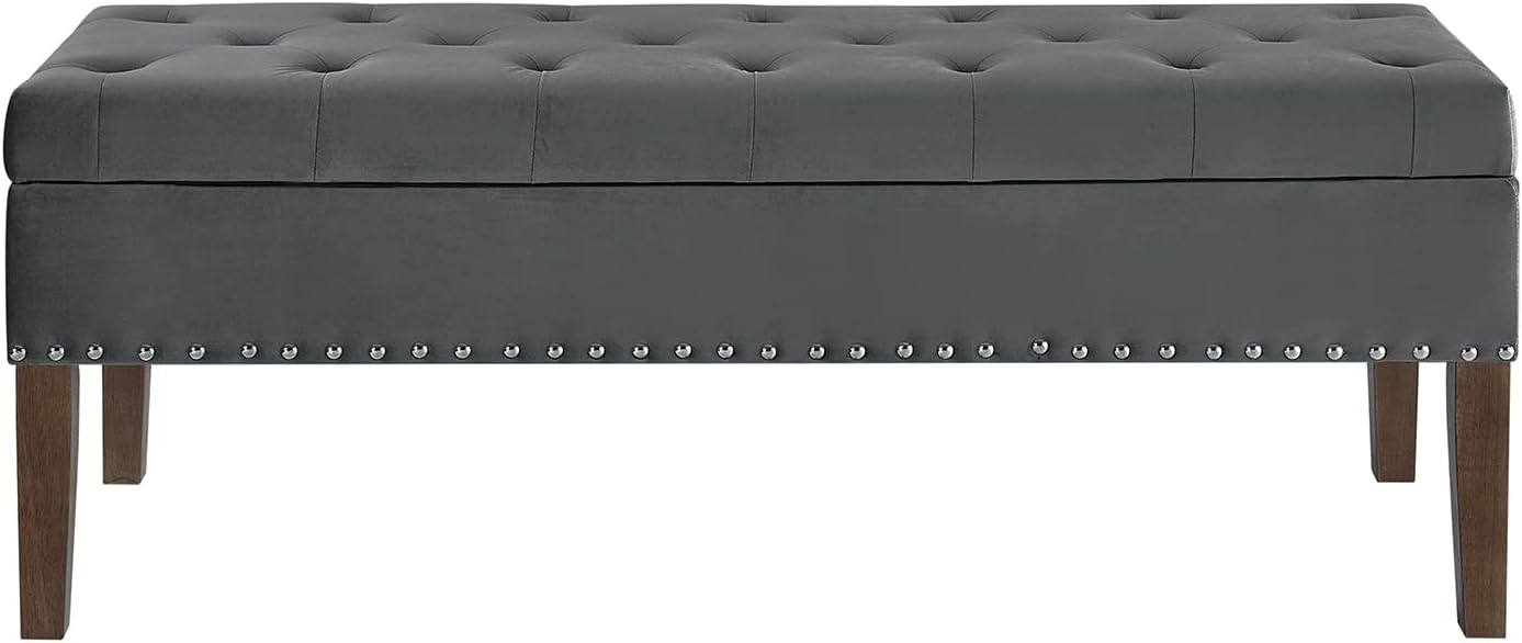 24KF Banco de almacenamiento tapizado de terciopelo con botones copetudos y clavos tachonados para sala de estar, 5076 – gris oscuro