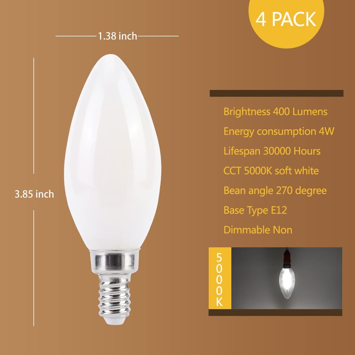 KINUR Bombilla LED para candelabro, equivalente a 40 vatios, 4 W, E12, bombilla LED 5000 K, lámpara de araña blanca suave, bombilla decorativa para