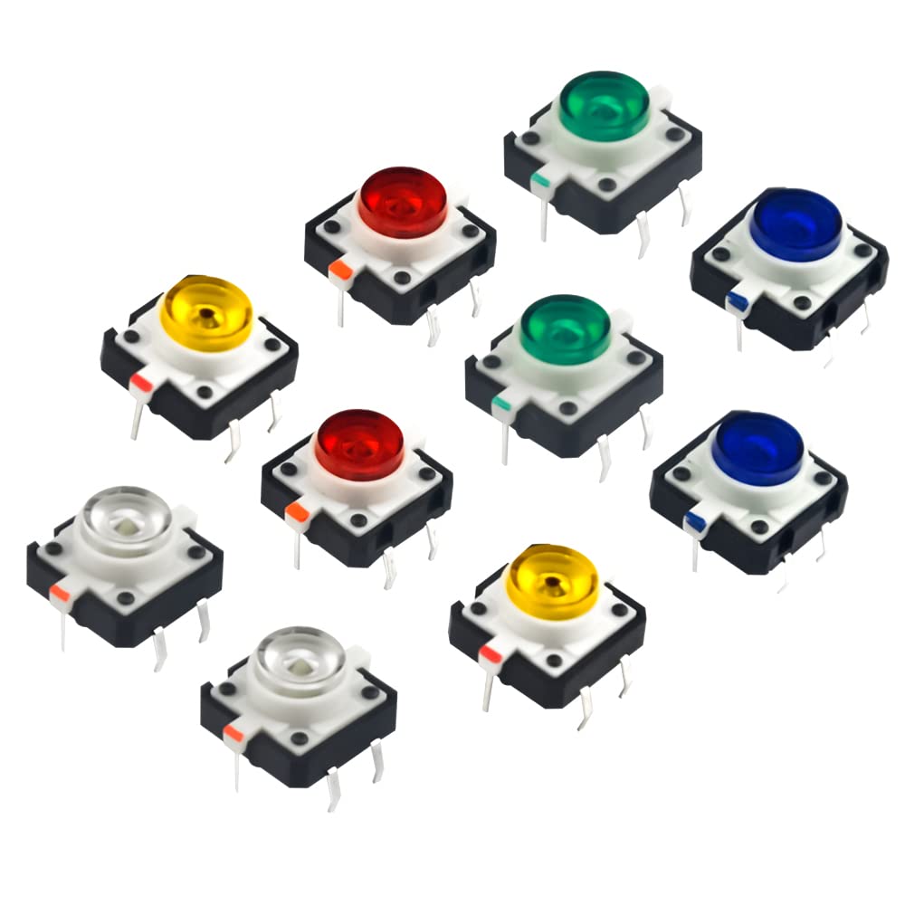 XINGYHENG Interruptor de botón táctil momentáneo 10P 4 Pin Interruptores de botones táctiles con rojo claro, amarillo, azul, verde, blanco, 0.472