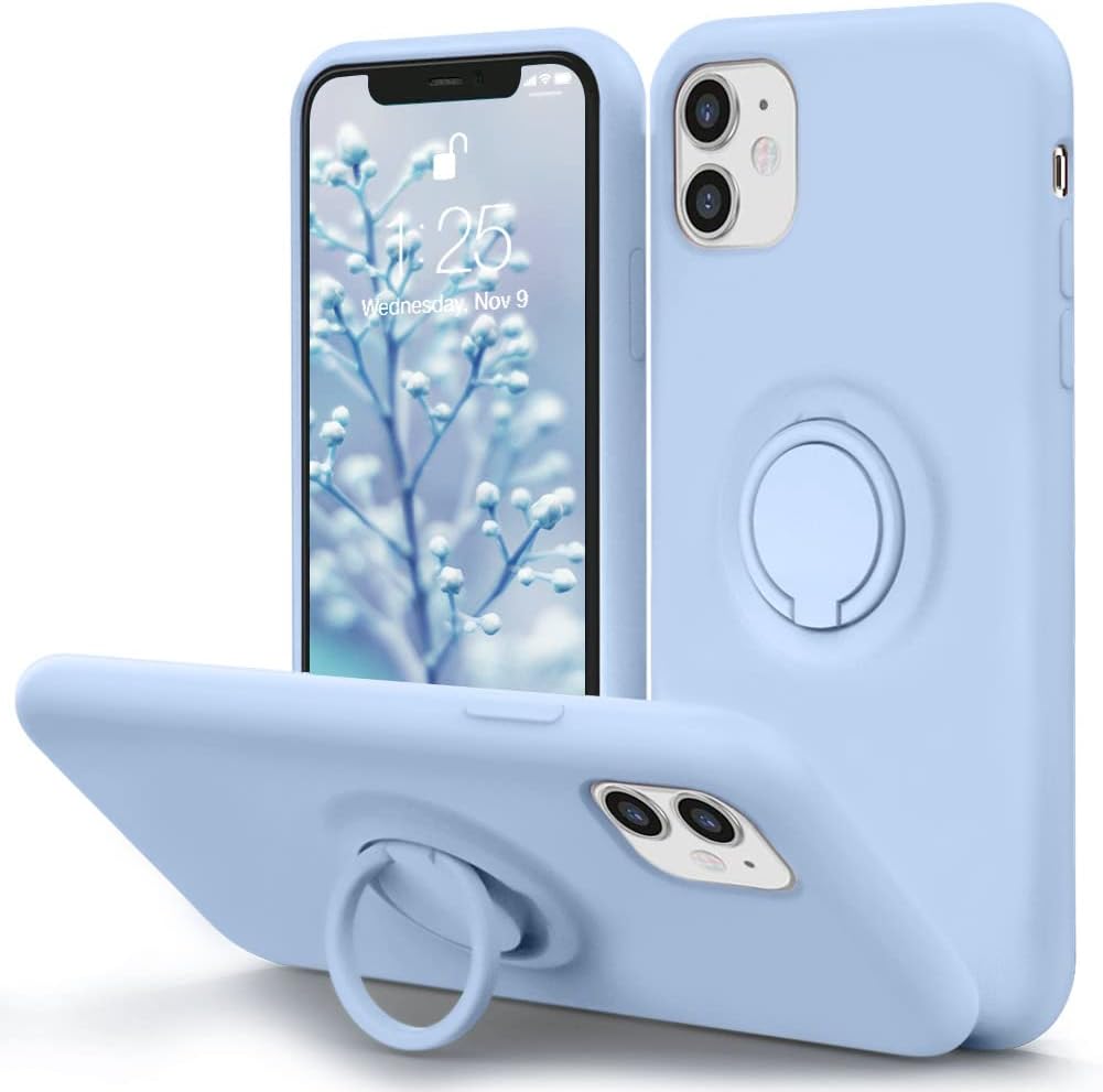 MOCCA – Funda con soporte de anillo, forro de microfibra supersuave, amortiguadora, de silicona líquida y antiarañazos para iPhone 11, azul claro