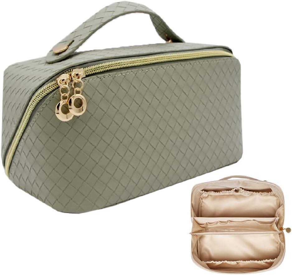 WSLZFTL Bolsa de maquillaje 5 divisores Bolsa de cosméticos de gran capacidad, Concha verde, Almacenamiento de 5 divisores