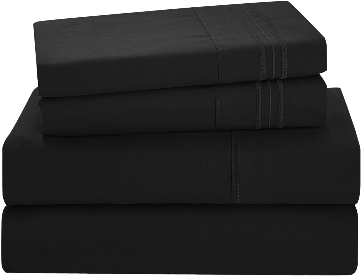 Juego de sábanas negras de tamaño matrimonial, juego de sábanas bajeras y fundas de almohada de bolsillo profundo, 4 piezas de microfibra de