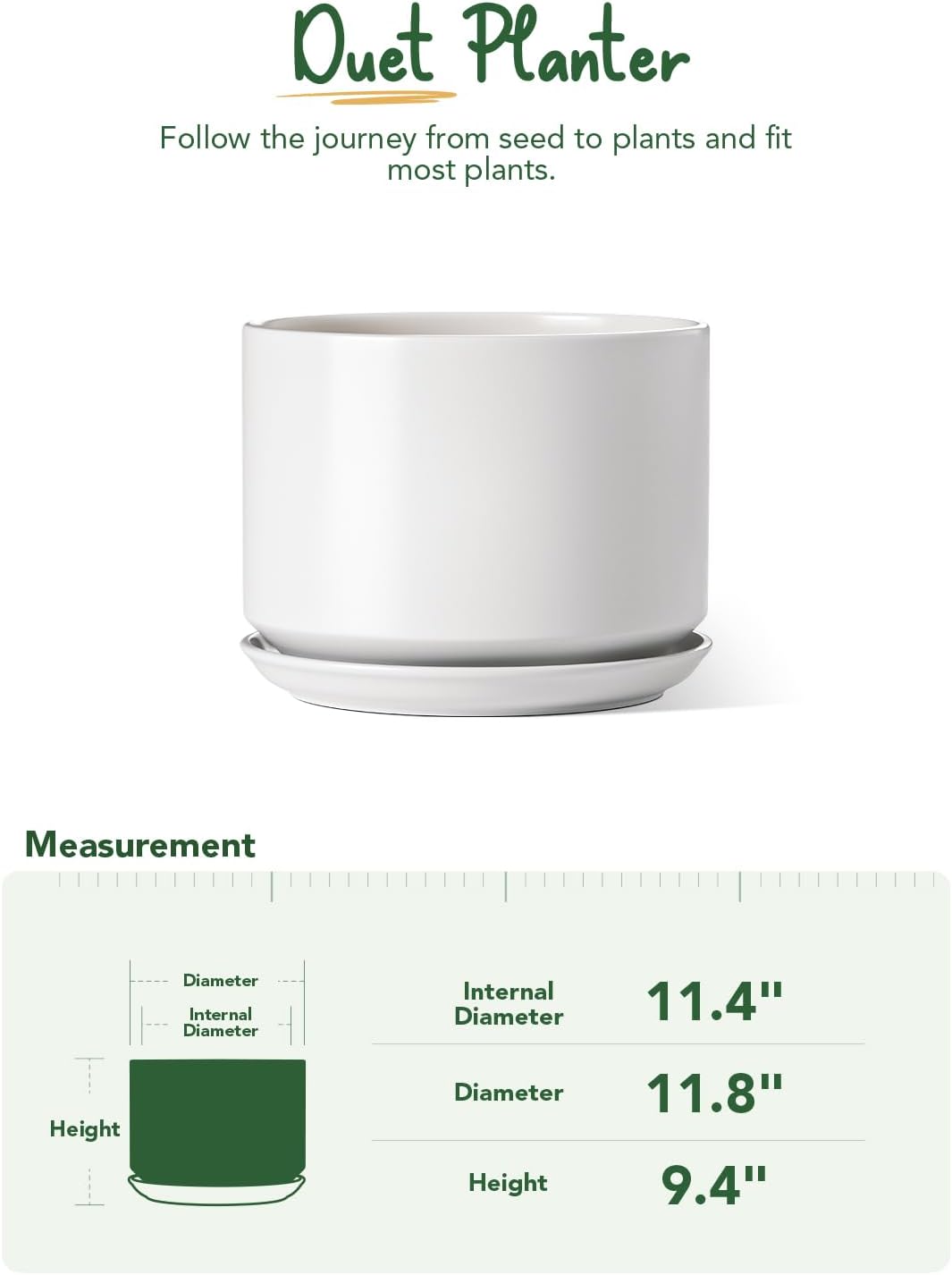 LE TAUCI Macetas de 12 pulgadas para plantas, macetas de cerámica para plantas de interior, macetas para el hogar y la oficina, macetas modernas