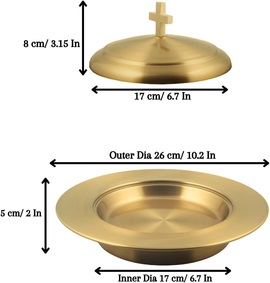 Communion Ware – 2 bandejas para servir vino santo con tapa y 2 platos apilables para pan con tapa + 80 tazas, acero inoxidable (latóndorado)