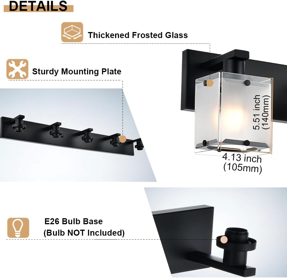 Lámpara de pared negra, 2 luces, lámpara de montaje en pared sobre espejo para dormitorio, mesita de noche, estudio, sala de estar, pantalla
