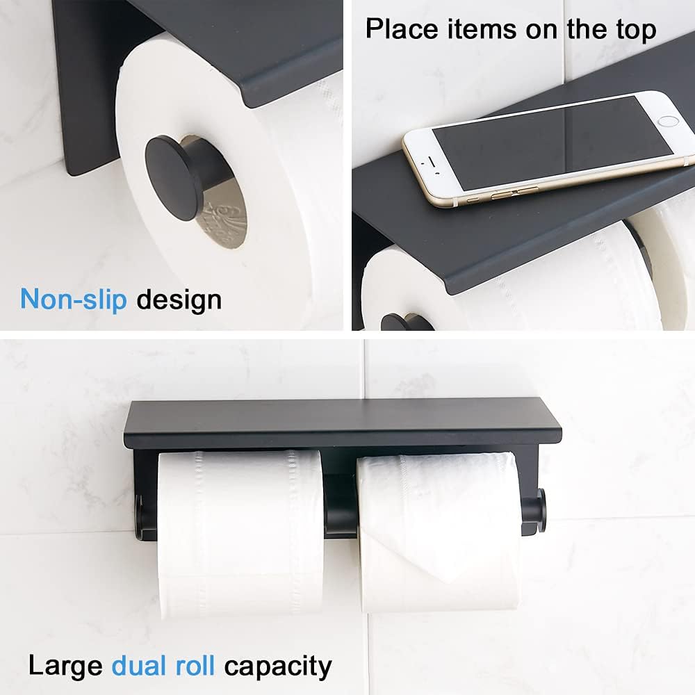 SUNTAI Soporte doble para papel higiénico con estante para teléfono, soporte moderno de acero inoxidable 304 para papel higiénico montado en la