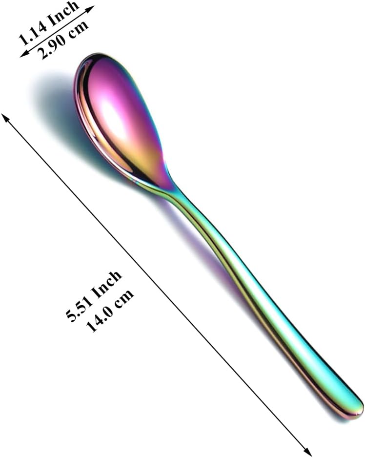 Kyraton Cucharitas de arco iris, 12 cucharas de té de acero inoxidable de 6.5 pulgadas con colorido chapado de titanio, cucharas de helado, cuchara