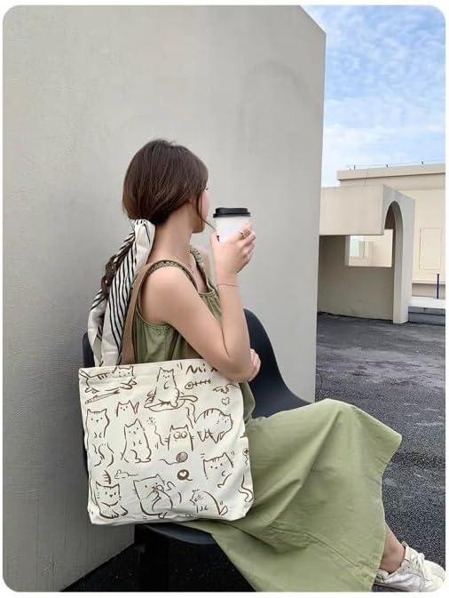 Bonita bolsa de lona con diseño de gato con cremallera, reutilizable, bolsa de compras para mujeres