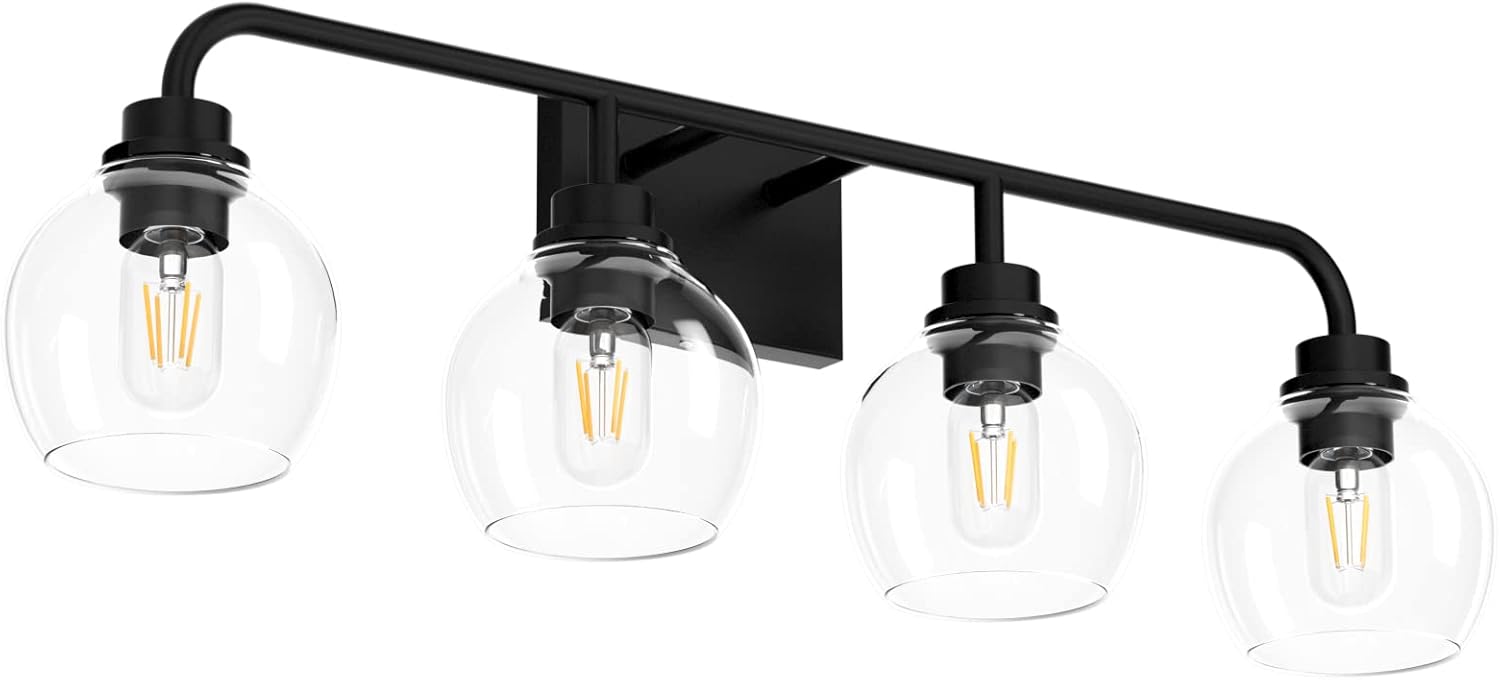 Tipace Lámparas industriales para tocador de baño, 4 luces, acabado negro vintage con globo de vidrio transparente, iluminación de baño de granja
