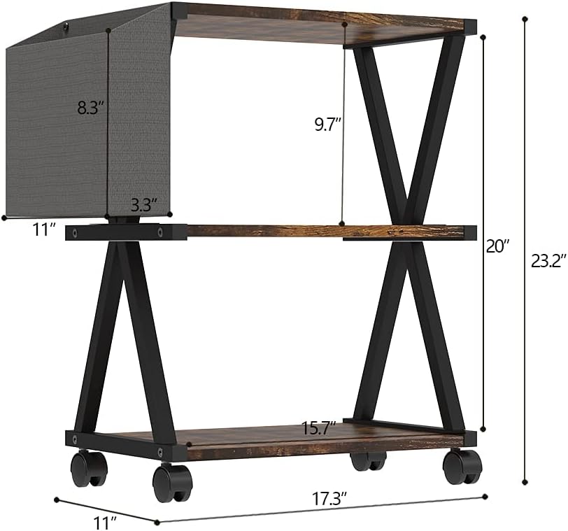 VEDECASA Soporte de impresora móvil de madera de 3 niveles con bolsa de almacenamiento para organizador de oficina en casa, carrito de impresora