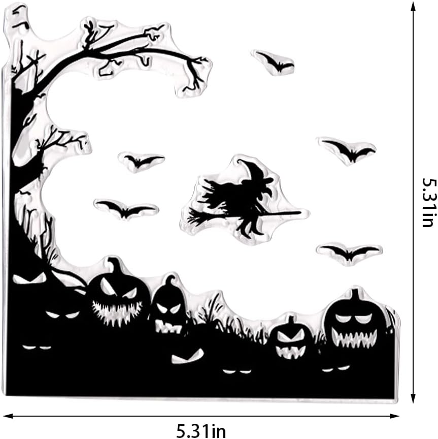 Sellos transparentes de Halloween para hacer tarjetas, fondo de árbol, sellos de goma transparente, bruja, murciélago, calabaza, para decoración de