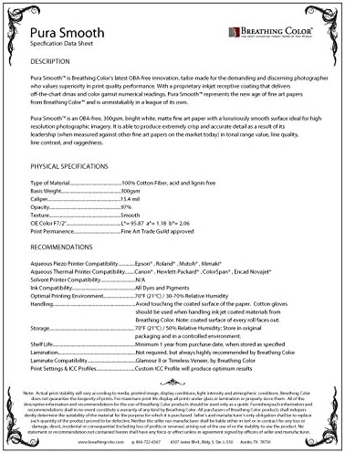 Pura Smooth – Mate, 15.4 mil, 300 gsm, sin OBA, papel para inyección de tinta de arte fino (17 pulgadas x 40 pies)