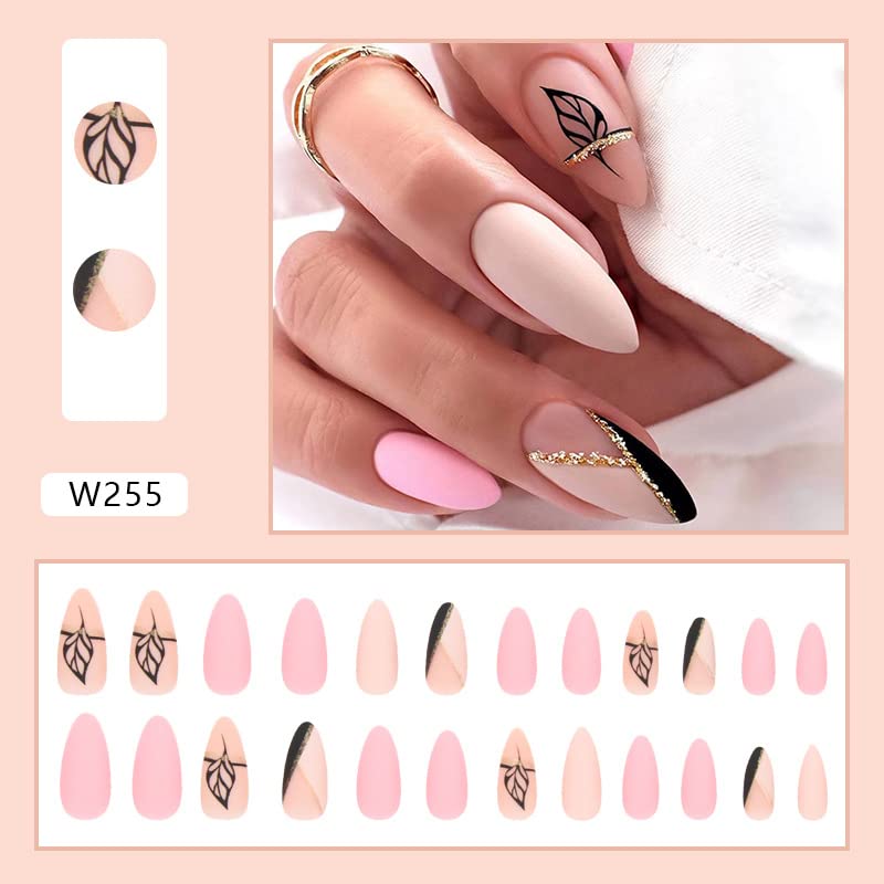 Uñas postizas a presión, con forma de almendra, color rosa carne, ajuste supremo y pegamento cuadrado de gel suave natural, uñas reutilizables en 15