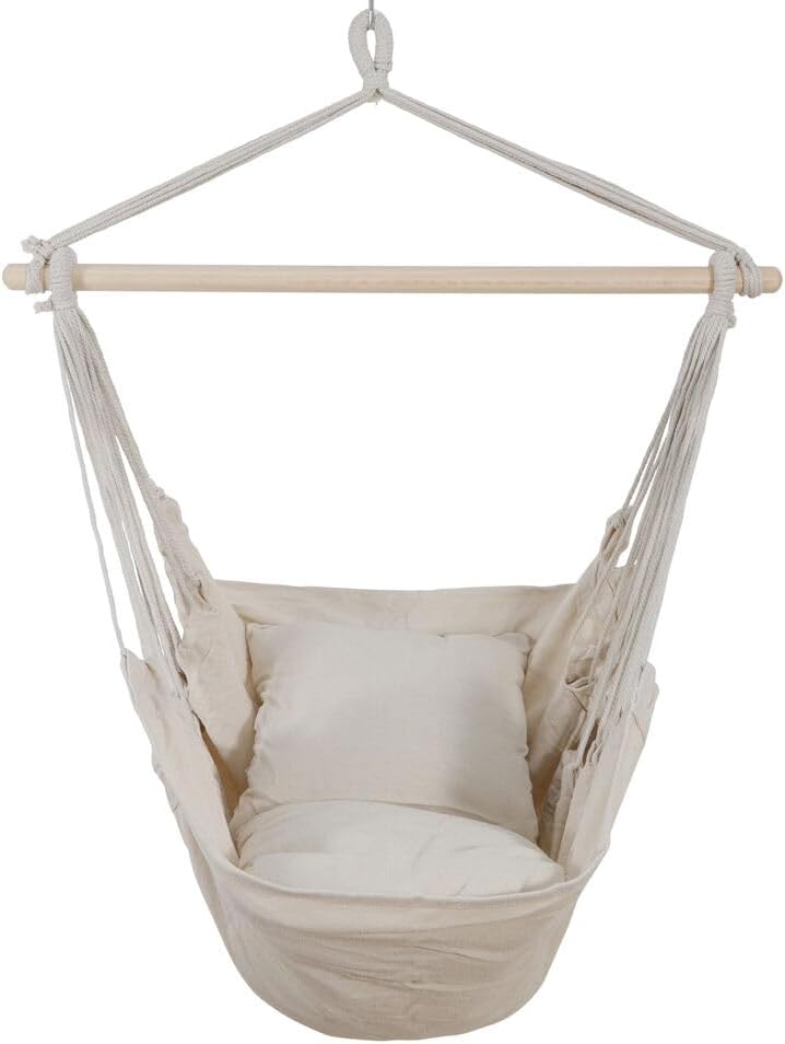 Silla hamaca beige columpio colgante de cuerda silla de red porche patio con 2 cojines