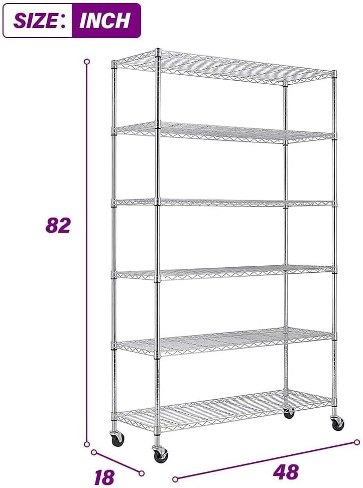 FDW – Estantería de 6 estantes de alambre de acero resistente ajustables, ruedas, 2,100libras, 48pulgadas (L) x 18pulgadas (An) x 82pulgadas (A)