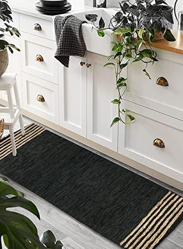 GRUHUM Alfombra rectangular de yute de 2 pies 6 x 14 pies, de fibra natural, color negro, rectangular, de cuero, tejida a mano, estilo bohemio,