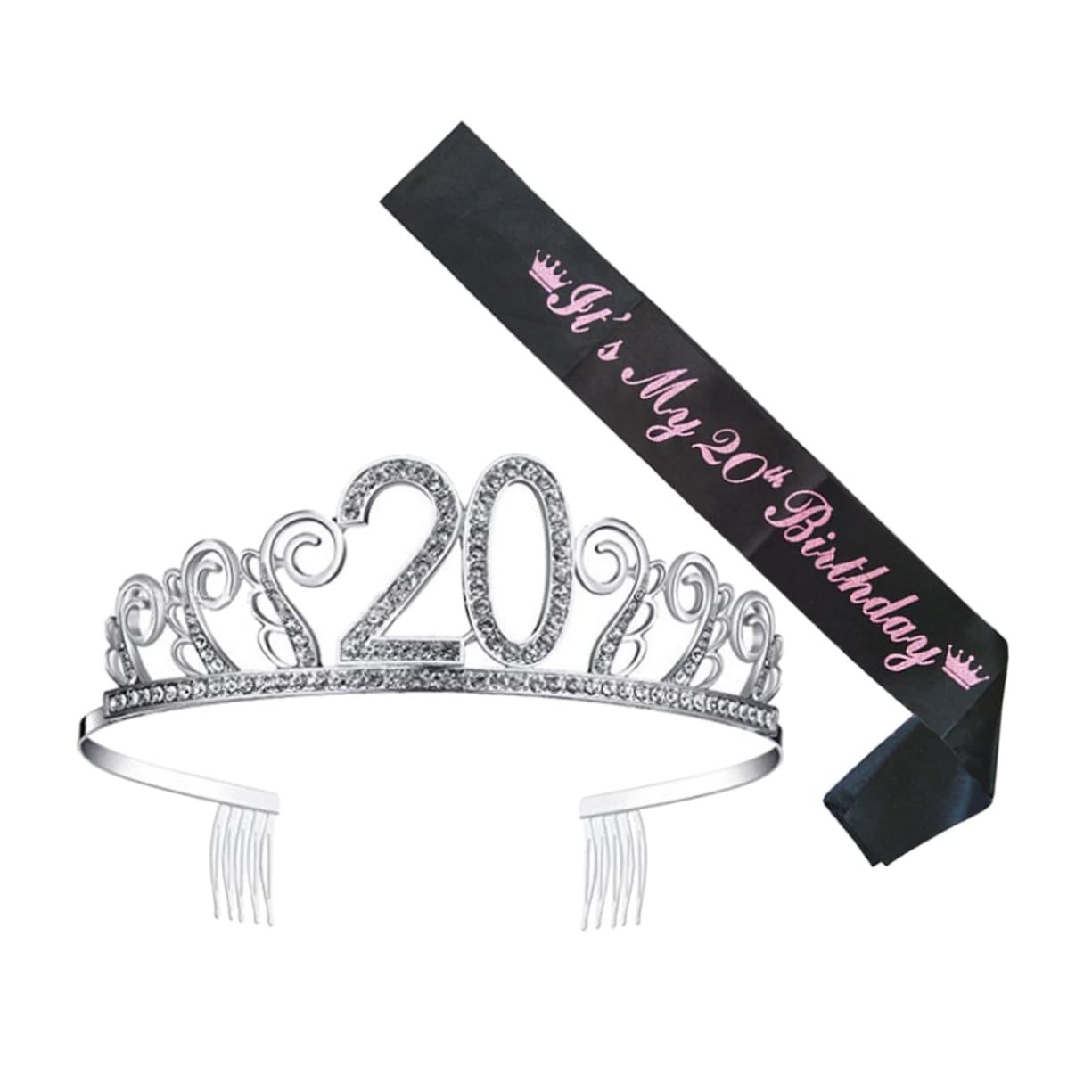 minkissy 1 Set 20 Happy 20th Birthday Tiara Birthday Rhinestone Crystal Birthday Party Etiquette Belt 20th Birthday Headband 20th Bday Sash