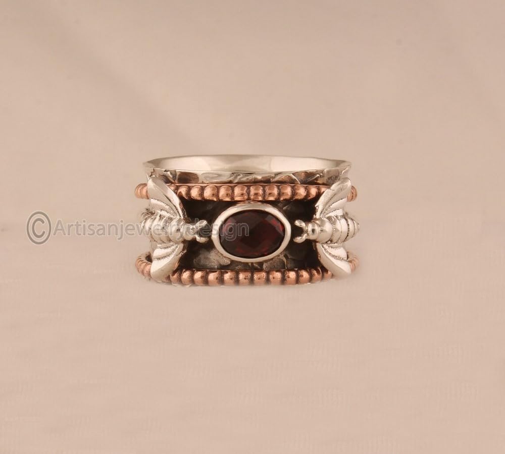 925 Silver Ring, Handmade Ring Women, Spiritual Spinner Ring, Fidget Spinner Ring, Minimalist Ring Silver, Natural Garnet Ring, Bohemian Silver