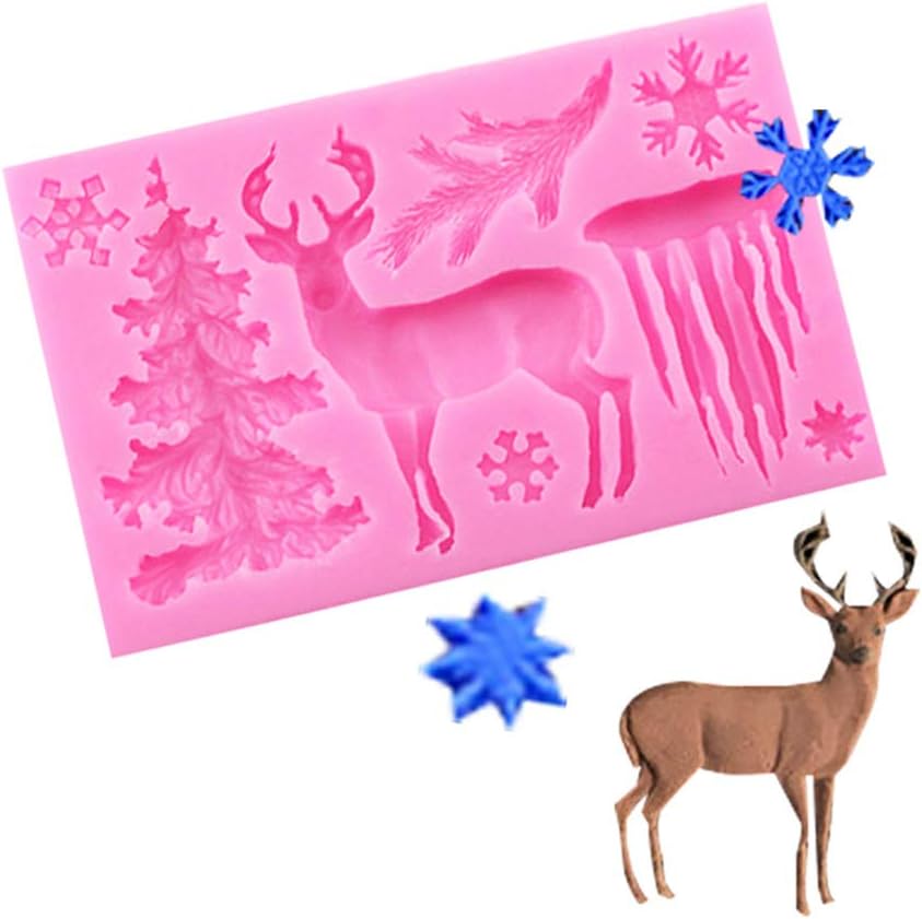 btdeal Molde de silicona para pastel de Navidad, reno, alce, árbol de Navidad, copo de nieve, fondant, molde de chocolate, molde para pasteles de
