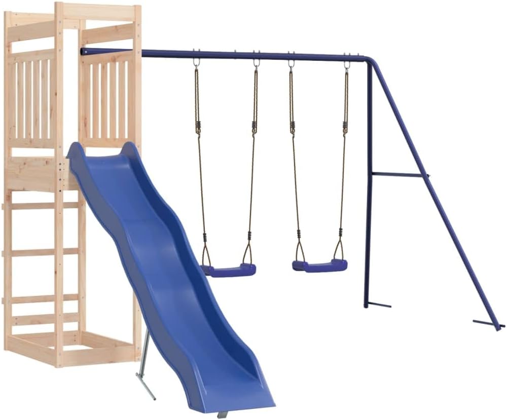 Loibinfen Juego de pino de madera maciza para exteriores, juego de jardín con 1 torre de juego, 1 juego de columpio doble, 1 tobogán ondulado,