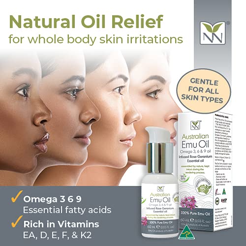 Y-Not Natural – Aceite de emú orgánico farmacéutico 100% puro, 2.0 fl oz, aceite aborigen Omega 3, 6 y 9 de corral libre infundido con geranio rosa