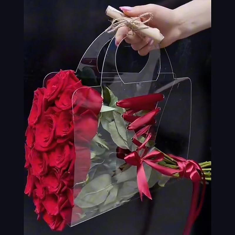 YAMSLAM Caja de flores transparente con asa Bolsas de embalaje de flores portátiles regalo Contatiner bolso de boda rosa envoltura caja de regalo de