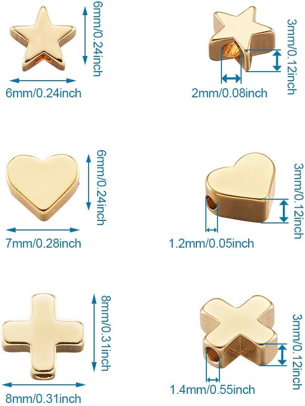 Craftdady 60 cuentas espaciadoras de estrella de crucifijo de 3 estilos, cruz y corazón, platino, oro, diminutas cuentas de latón sueltas para hacer