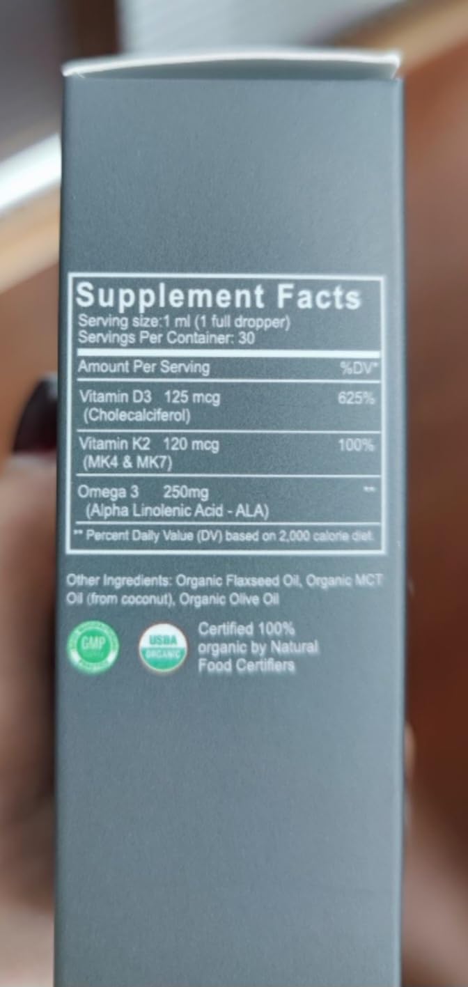 Gotas orgánicas de vitamina D3 + K2 sin OMG con Omega 3 incluye 5000 UI de vitamina D3 para una máxima fuerza, absorción más rápida y una inmunidad
