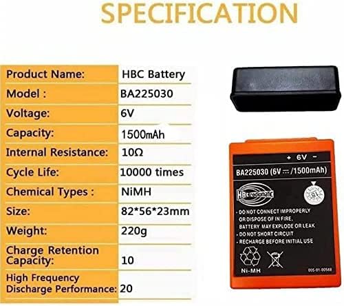 Paquete de 1 para HBC Radiomatic BA225030 6V 1500mAh batería Ni-Mh recargable para grúa HBC Control remoto bomba camión batería