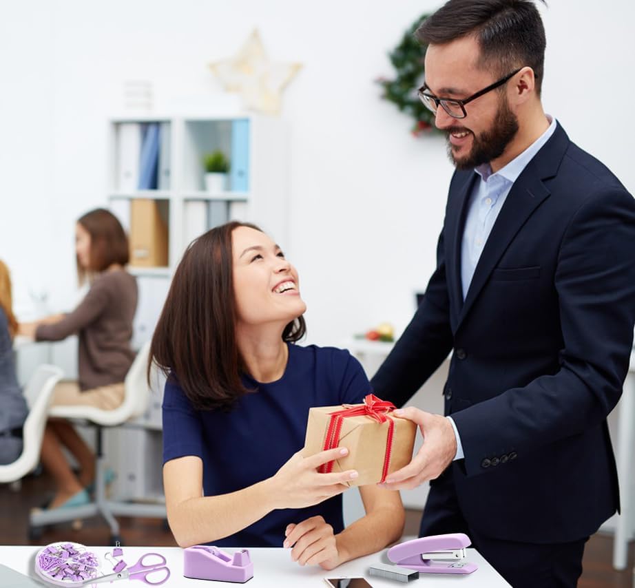 Suministros de oficina morados, suministros y accesorios de oficina morados, juego de grapadora púrpura y dispensador de cinta para mujeres,