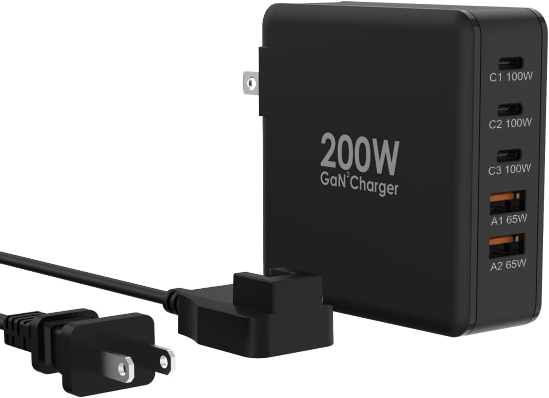 Tobetravel Cargador USB C de 200 W, 5 puertos GaN USB C cargador rápido de pared, PD100W USB C estación de carga de escritorio para iPhone 15 14,