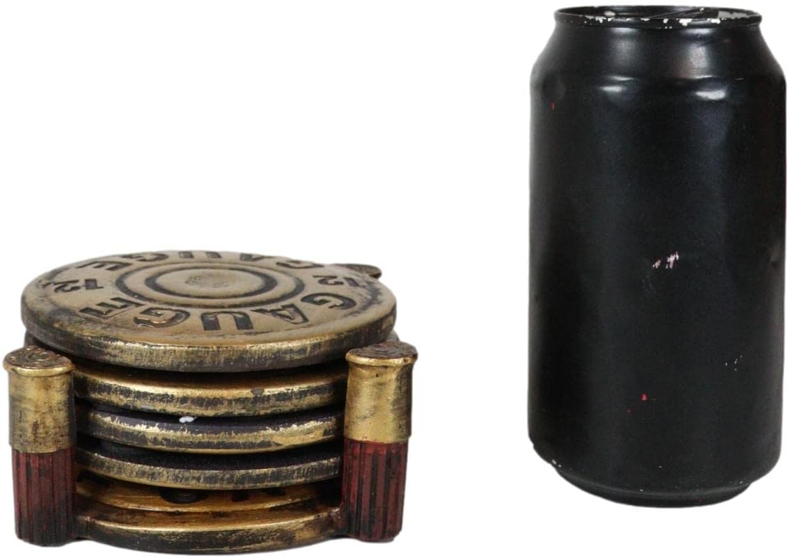 Ebros Gift Western – Juego de posavasos redondos de bala dorada de calibre 12 con 4 posavasos y soporte escultórico, figura decorativa, 5 pulgadas