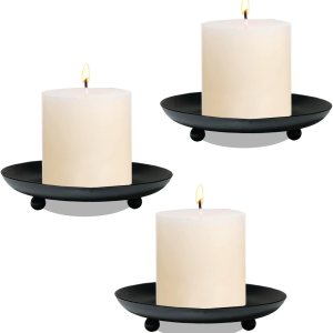 Juego de 3 portavelas de pilar para velas de pilar, platos y bandejas pequeños redondos de metal negro para centros de mesa de Navidad, Halloween Juego de 3 portavelas de pilar para velas de pilar, platos y bandejas pequeños redondos de metal negro para centros de mesa de Navidad, Halloween