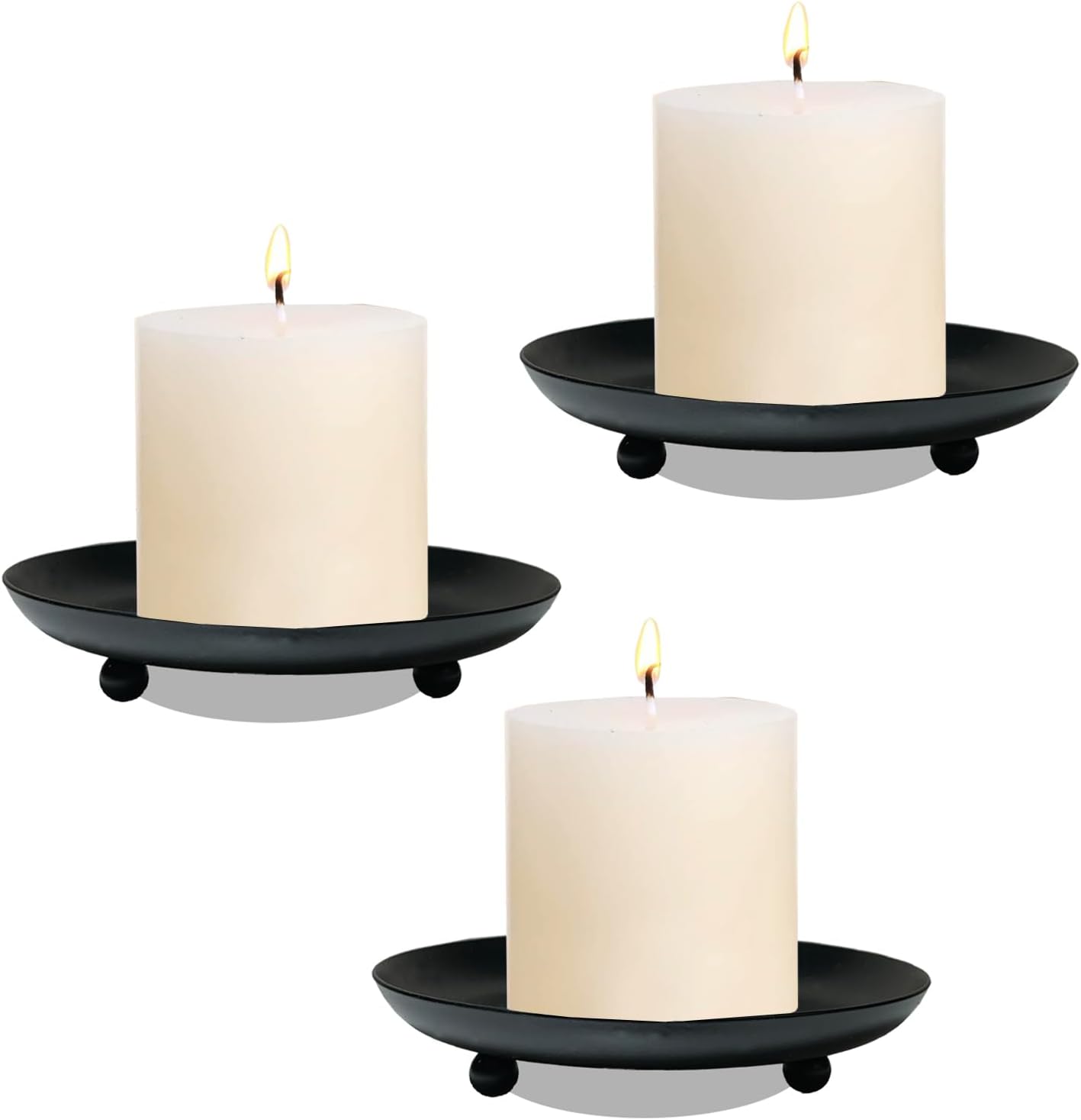 Juego de 3 portavelas de pilar para velas de pilar, platos y bandejas pequeños redondos de metal negro para centros de mesa de Navidad, Halloween