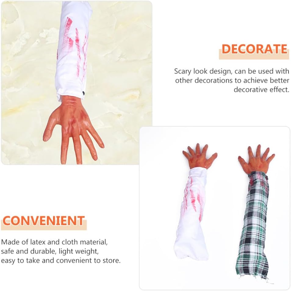 PRETYZOOM 2 piezas de brazo falso de Halloween, manos ensangrentadas rotas, partes del cuerpo de mano dividida, accesorios de miedo, broma para casa
