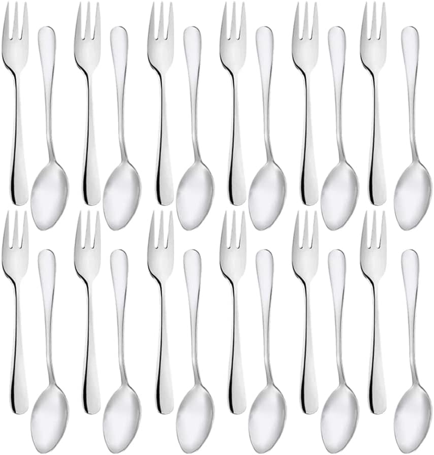 Juego de 24 tenedores pequeños para aperitivos y cucharas demitasse de acero inoxidable, de 5.4 pulgadas, para ensalada, postre, café, cóctel,