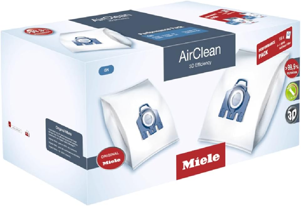 Miele Paquete de rendimiento XXL, 16 bolsas para aspiradora AirClean 3D GN y 1 filtro HEPA, atrapa y asegura el polvo