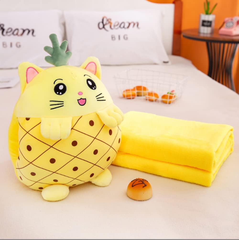 Kids Stuffed Animal Travel Blanket and Pillow Set, Adorable 3 in 1 Multifunctional Fruit Plush Pillow with Hand Warmer Design, Perfect for Travel,