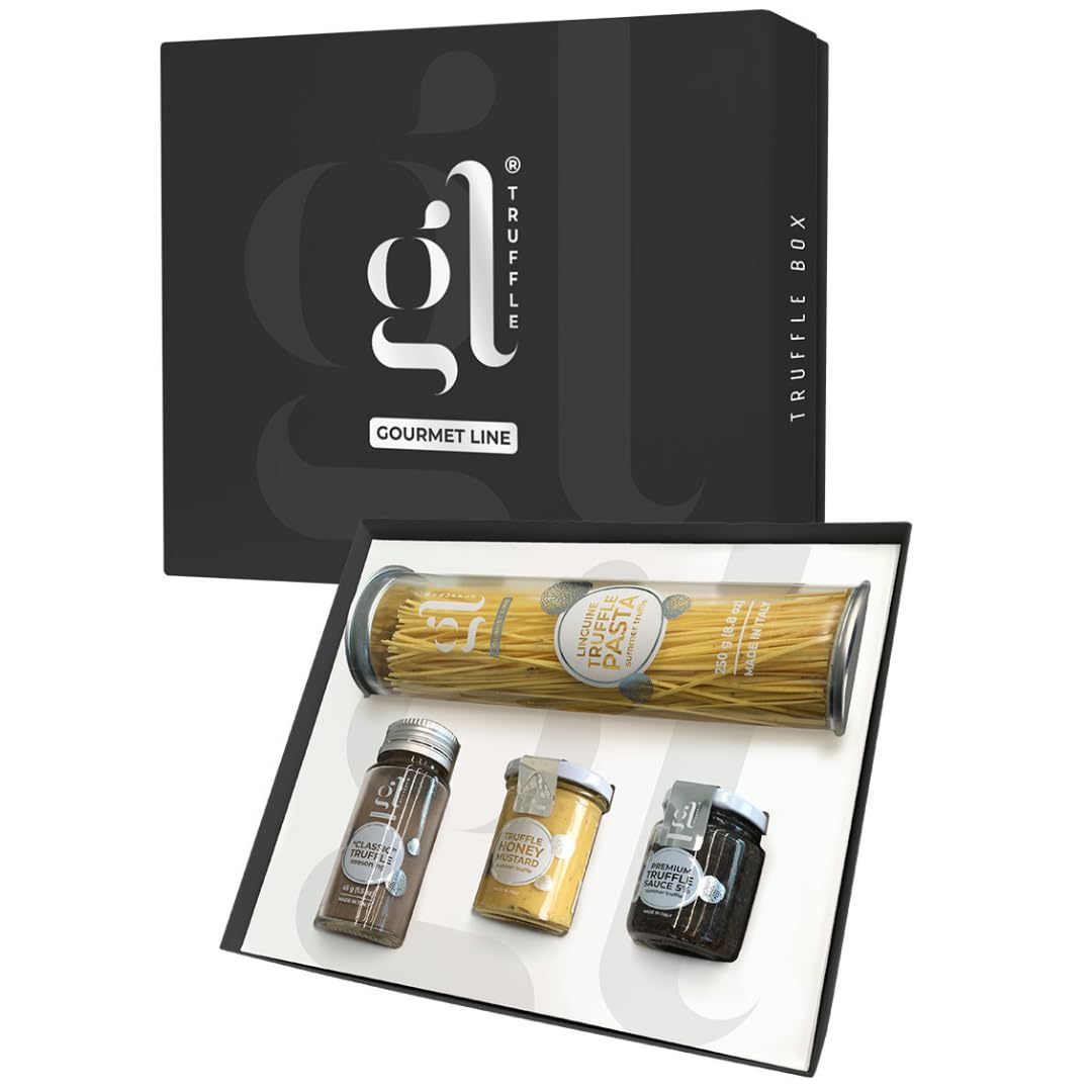 Caja de Regalo Gourmet de Trufas ”DELUXE”, incluye Pasta de Trufa Linguine 8.82 oz, Condimento de Trufas CLÁSICO” 1.59 oz, Miel de Trufa Mostaza