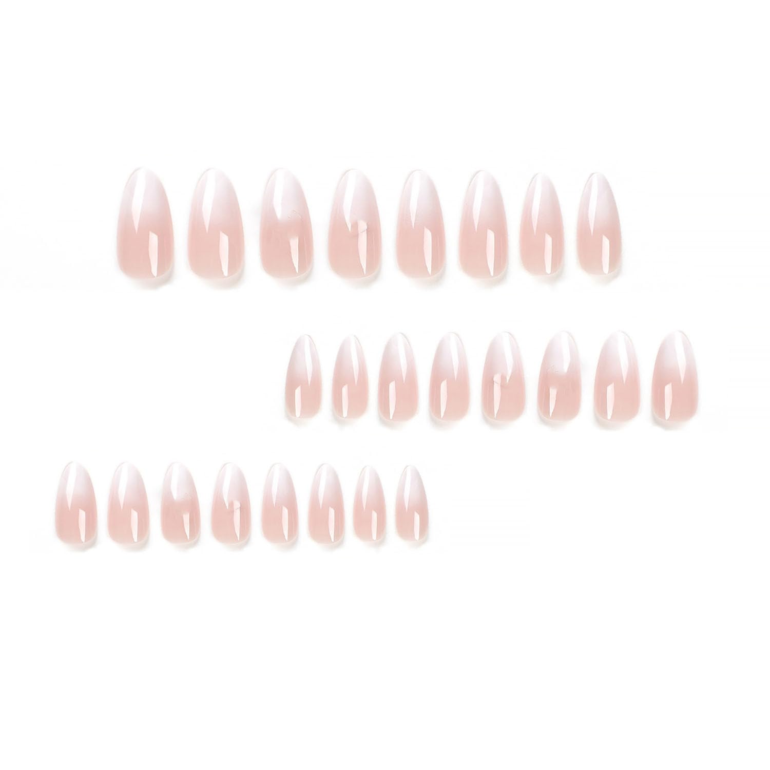 Uñas postizas a presión medianas almendra SWEKKE francesas, color rosa, cobertura completa, color blanco, degradado, con diseños, pegamento
